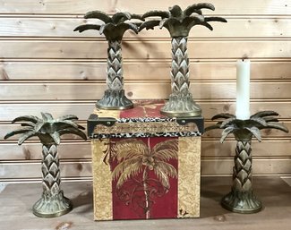 Lot 69- Metal Candle Sticks - Palm Tree Decor- Lot Of 4 - 7 Inches