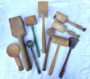 Lot 360 - Primitive Wood Kitchen Hand Tools - Meat Mallets - Pestles - Vintage Antique Culinary Decor