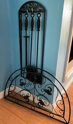 Lot 77- Black Metal Hanging Wall Mount Fireplace Tools Set And Matching Fan Decor