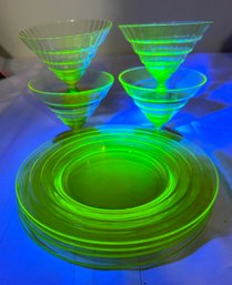 Lot 407SES -STUNNING Tiffin Uranium Vaseline Glass Dessert Dishes & Sherbet Glasses - Lot Of 4