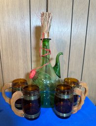 Lot 539B - Vintage Green Italian Wine Decanter Jug And Siestaware Brown Beer Mugs