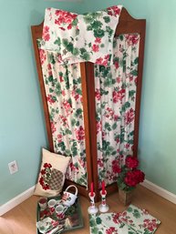 Lot 90- LOVELY! Red Geranium Curtains- Screen- Candle Sticks- Tray- Mugs- Pillow- Basket