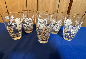 Lot 544B - Vintage Libbey Rose Bouquet Glasses Set Of 5 - 12 Oz