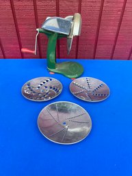 Lot 452- Retro Green Shred-O-Mat Slicer With 3 Attachments - Vintage Kitchen - Shredder