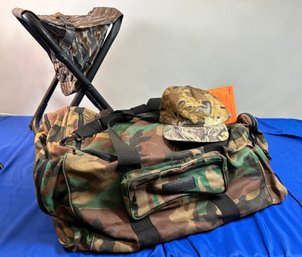 Lot 330 - 1990s Remington LARGE Duffel Bag With Reversible Orange Camp Hunting Hat & Folding Chair