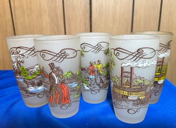 Lot 548B - Vintage Set Of 5 Currier & Ives Tumbler Frosted Glasses