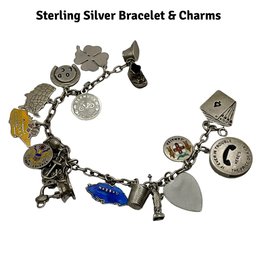 Lot 6- Sterling Silver 1950s Charm Bracelet & 16 Charms 1954 Coin - Dime