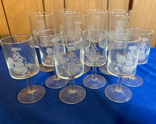 Lot 554B - 12 Etched Victorian Glasses In Two Sizes - Avon 'Mrs Albee' Stemmed Wine Glasses