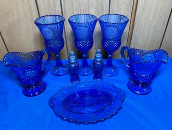 Lot 556B - Cobalt Blue Glass Lot - Small Pitchers, Salt & Pepper, Goblets