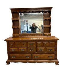 Lot 516A - 1970s - Heavy Pine Sumter Cabinet Company Hutch Colonial Style Ladies Dresser With Mirror