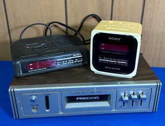 Lot 565B - Lot Of Electronics - Precor 8 Track Player - 2 Vintage Sony Alarm Clocks