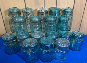 Lot 567B - Great Lot Of Antique 18 Blue Glass Mason Jars Atlas Ball - 2 Sizes