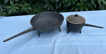 Lot 304 - Antique Early Cast Iron Primitive Fireplace Spider Skillet - Large & Small With Copper Insert