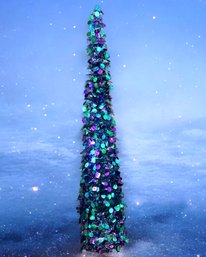 Lot 12SES- PRETTY! 5 Feet Tall Purple And Blue Tinsel Collapsible Christmas Tree In Box