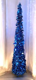 Lot 11SES- 5 Foot Tall Cobalt Blue Tinsel Collapsible Christmas Tree In Box