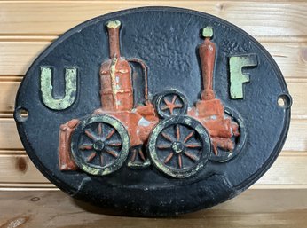 Lot 97- United Firemens Insurance Co. UF Cast Iron Home Fire Mark Plaque - Steam Engine -  Vintage