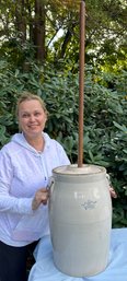 Lot 311 - Large Antique Stoneware Pottery Crock Butter Churner 6 Gallon With Wood Paddle