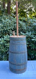 Lot 312 - 1800s Large Antique Blue Wood Barrel Crock Butter Churner With Wood Paddle- Farmhouse Decor