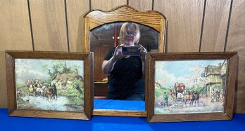 Lot 596B - Oak Mirror And Vintage Art Prints Framed