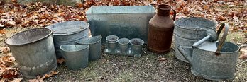 Lot 655- Galvanized Buckets- Planters- Bin- Milk Can- Vintage Garden Decor-