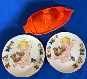 Lot 601AB- Vintage Mid Century Baby Boy Plates And Orange Juicer