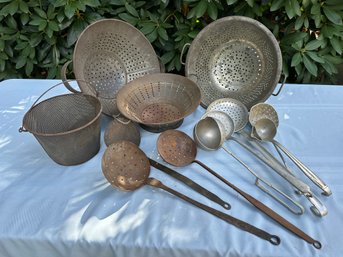 Lot 316 - Great Cooking Strainer Plus Utensils Lot From Early 1900s - One Really Large One! Farmhouse Decor