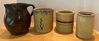 Lot 204 - 4 Pieces Of Pottery - Roseville Co. Utensil Holders - Crocks - Spongeware