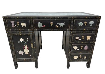 Lot 522A- Asian Campaign Desk Chinoiserie Black Lacquer - Inlaid Mother Of Pearl Kneehole Pedestal Desk
