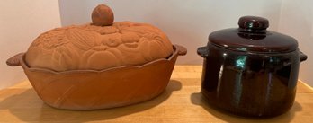 Lot 205 - Terra Cotta Dutch Oven With Harvest Design And West Bend Ceramic Bean Pot