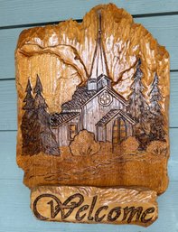 Lot 344 - Hand Carved Welcome Wood Sign Church Pine Trees Mountains - Rustic Entryway