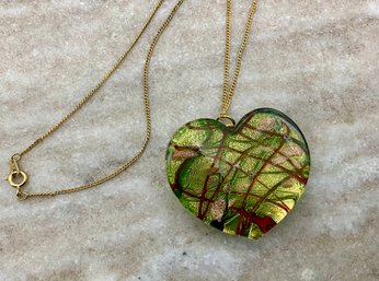 Lot 36- Green Art Glass Heart Pendant On Gold Costume Chain