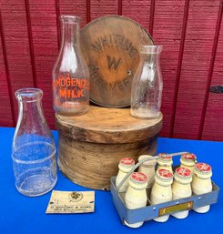 Lot 323 - Antique Hood & Whiting Creamery- Milk Bottles - Cheese Boxes- Pantry Sunshine Dairy - Primitive Home