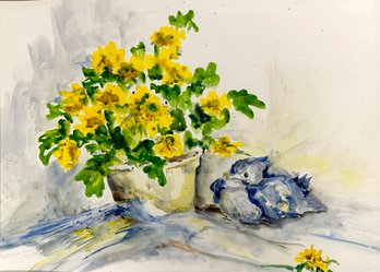 Lot 527 - Watercolor Original Art On Paper - Still Life Floral With Bird - Yellow Flowers