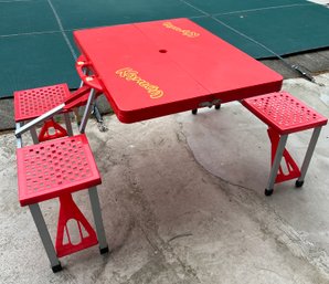 Lot 324 - Cute! KAHLUA Alcohol Barware Portable Red Picnic Or Patio Vintage Camping Table - Happy Camper!