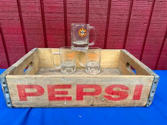 Lot 326 - Pepsi Wood Crate - 3 Vintage A&W Root Beer Rootbeer Schnapps California Mugs - Barware - Farmhouse