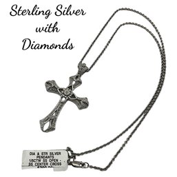 Lot 17- NEW Sterling Silver & Tested Diamonds -chain And Cross Pendant