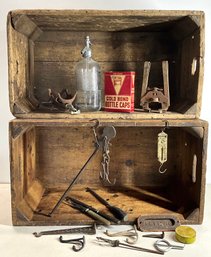 Lot 684- Antique 1900s Lawrence Woolen Mills Wood Crates - Antique Bottle Capper- Shultz Bottle- Mixed Items