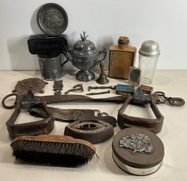 Lot 686- Mixed Antique Items- Stirrups- Hand Warmer- Cast Iron-pan American 1901 - Bell- RMS Safety Matches