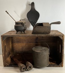 Lot 688- Cast Iron Smudge Fire Starter Cauldron- Woolen Mills Wood Crate - Wooden Spools - Scoop - Bellow