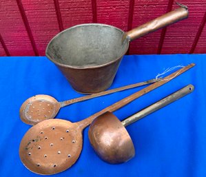 Lot 328 - Copper Pot And Strainer Utensils - Primitive Farmhouse Decor - Antique Cookware