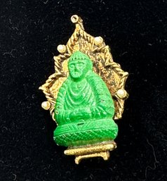 Lot 334- Costume Gold Tone Ambassador Signed Temple Green Buddha Brooch Pin