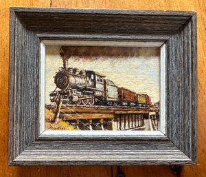 Lot 380SES - Miniature Tiny Train Art - Acrylic Painting - Over The Trestle - Artist Sol Rudin - Rustic Frame