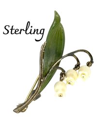 Lot 339- Sterling Silver Greer Signed Lily Of The Valley With Jade Pin Brooch - Vintage Jewelry
