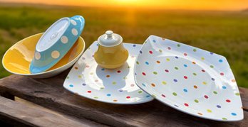 Lot 385SES - Fun Party Lot Of Polka Dot And Bright Yellow And Aqua Serving Entertaining Dishes