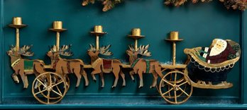 Lot 397 - Hand Painted Santa & Reindeer Gold Metal Candle Holder - Christmas Table Centerpice