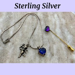 Lot 43- Sterling Silver Chain With Cupid Pendant & Purple Heart Crystal & Stick Pin