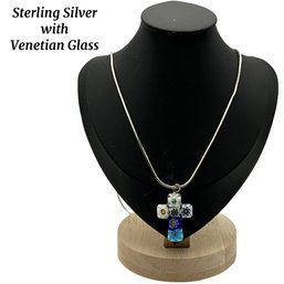 Lot 47SES- Sterling Silver Chain & Venetian Glass Millefiori Cross