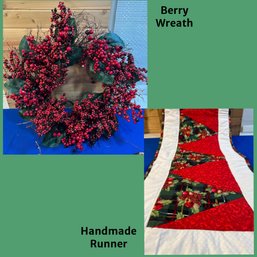 Lot 436- Holly Christmas Wreath - Ribbon Swag - Hand Made Quilted Table Runner - Holly Berries Holiday Decor