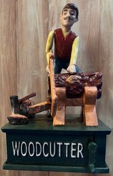 Lot 447- Cast Iron Wood Cutter Lumberjack Mechanical Bank In Box- Repro - Vintage Cabin Decor - Great Gift!