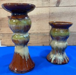 Lot 473- Pottery - Pair Of Candle Holder Stands - Green And Brown Glazed